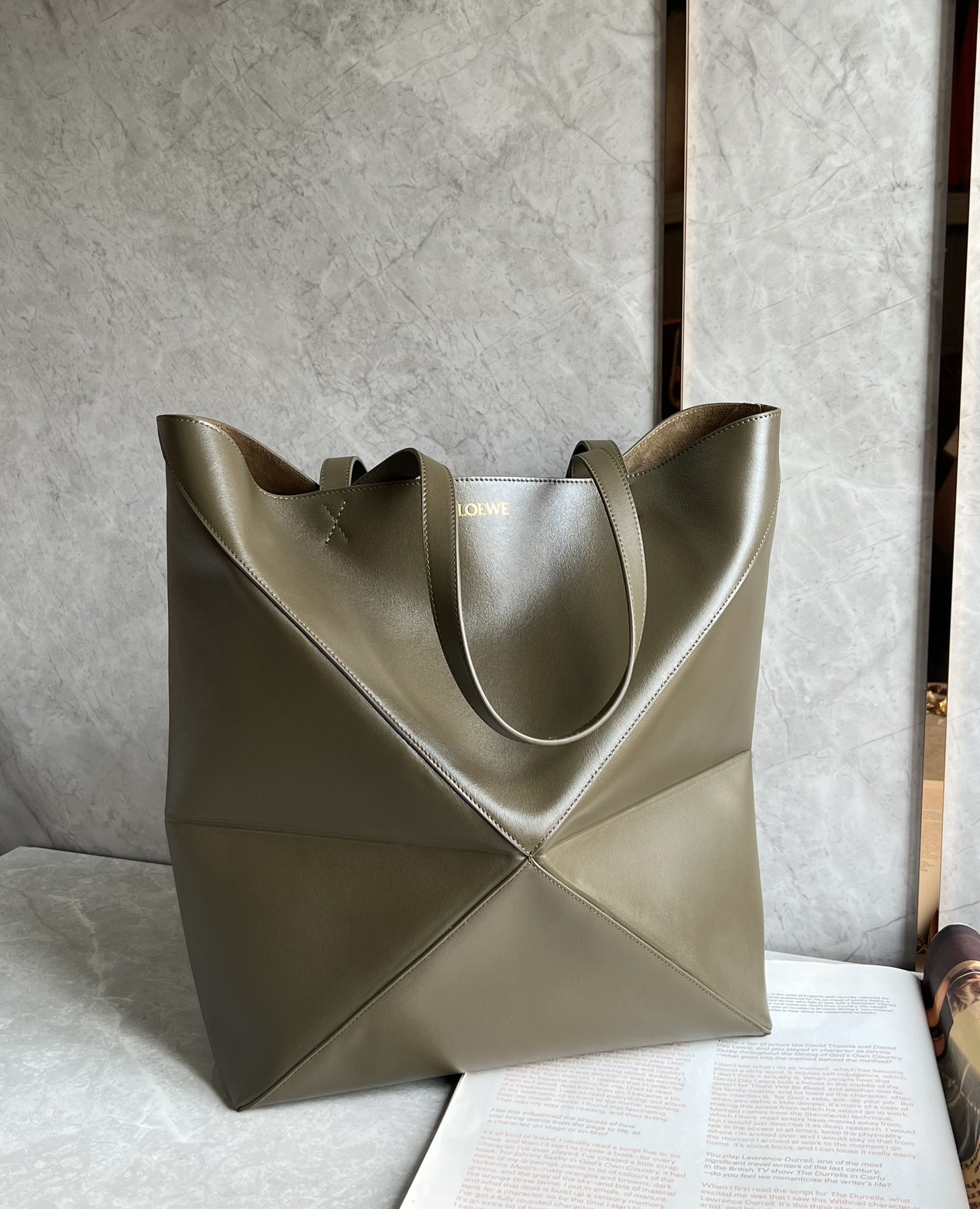 Loewe XL Puzzle Fold Tote in Shiny Calfskin Forest Green